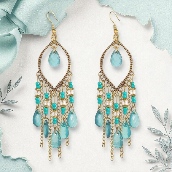 🆕Boho Chic Gold & Turquoise Festival Drop Lightweight Statement Earrings - Picture 5 of 9